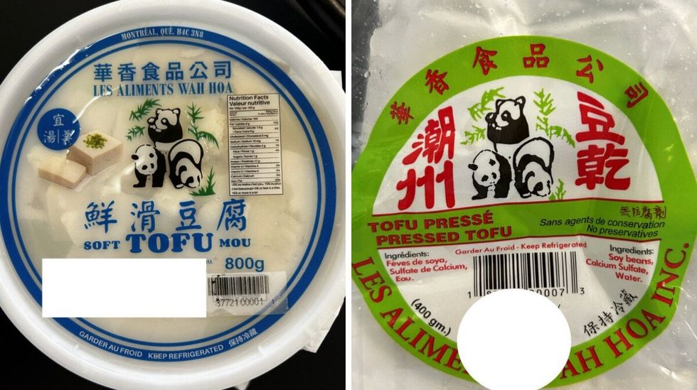 Un emballage de tofu mou de Les aliments Wah Hoa. Droite : Un emballage de tofu press\u00e9 de Les aliments Wah Hoa.