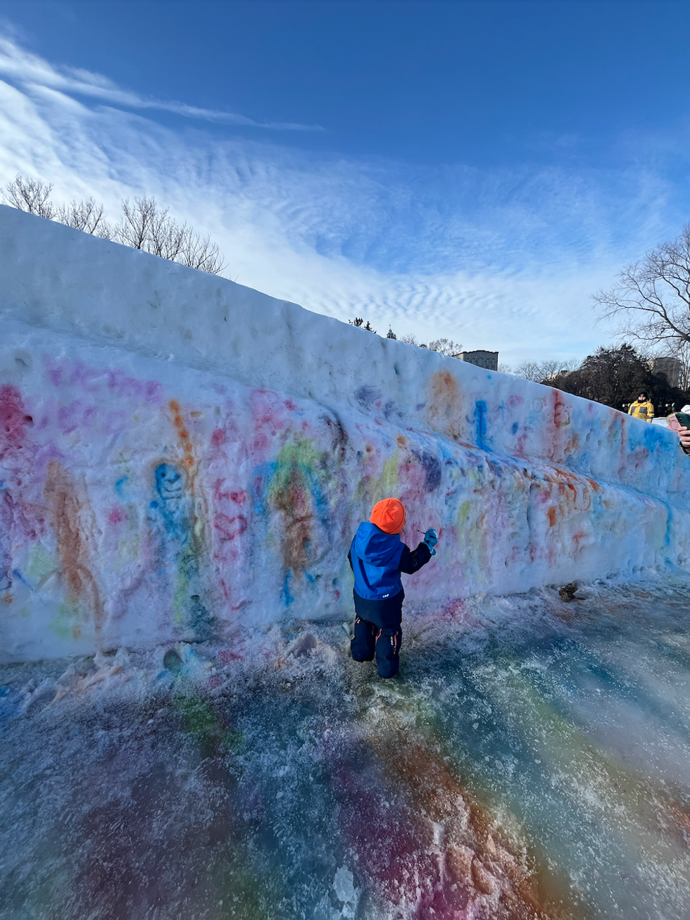 Un enfant fait de la peinture sur neige.