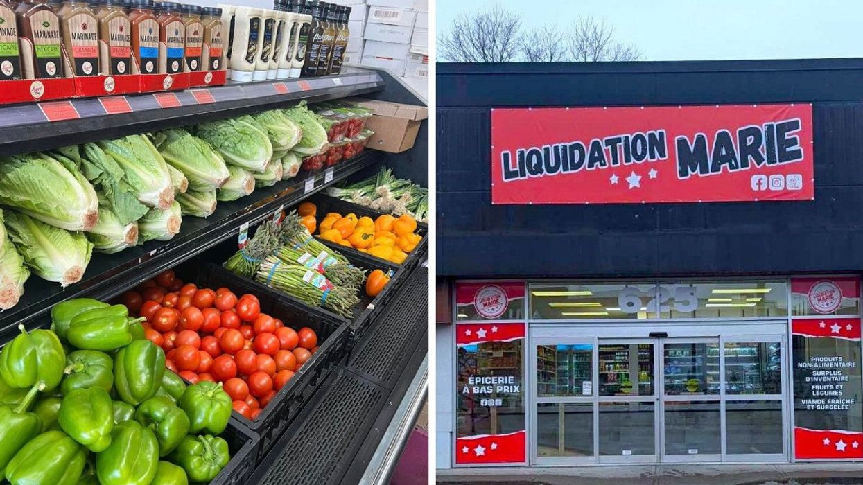 Un étalage de légumes chez Épicerie à bas prix. Droite : Façade de la succursale Liquidation Marie à St-Jérôme.