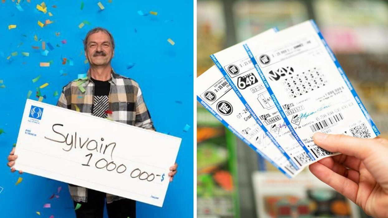 Un gagnant Loto-Québec. Droite : Des billets de Loto-Québec.