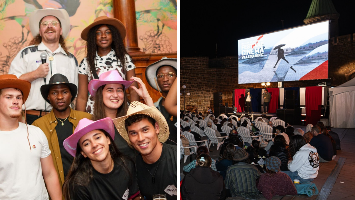 Un groupe à une soirée thématique country. Droite : Une projection de film à l'extérieur.