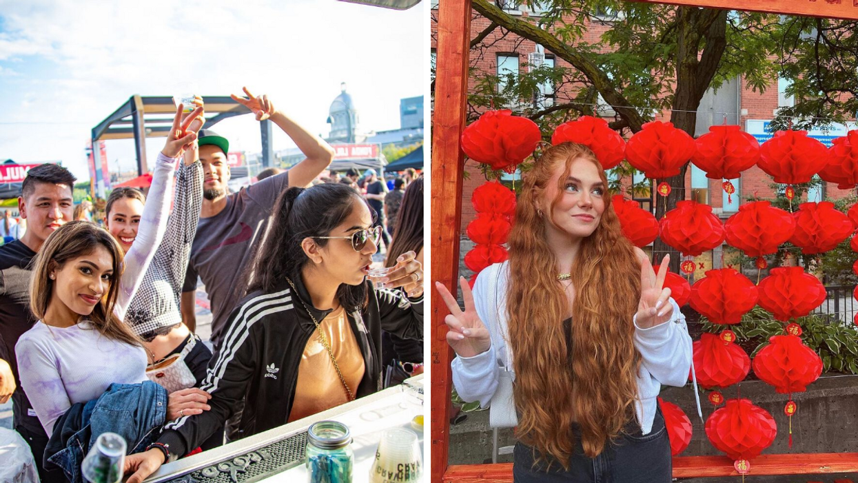 Un groupe au Taco Fest à Montréal. Droite : Une personne au Marché de Nuit Asiatique à Montréal.