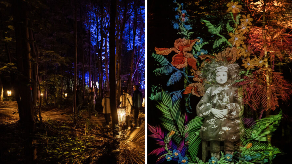 Un groupe de personne sur le parcours lumineux Onhwa\u2019 Lumina. Droite : Parcours lumineux Onhwa\u2019 Lumina.