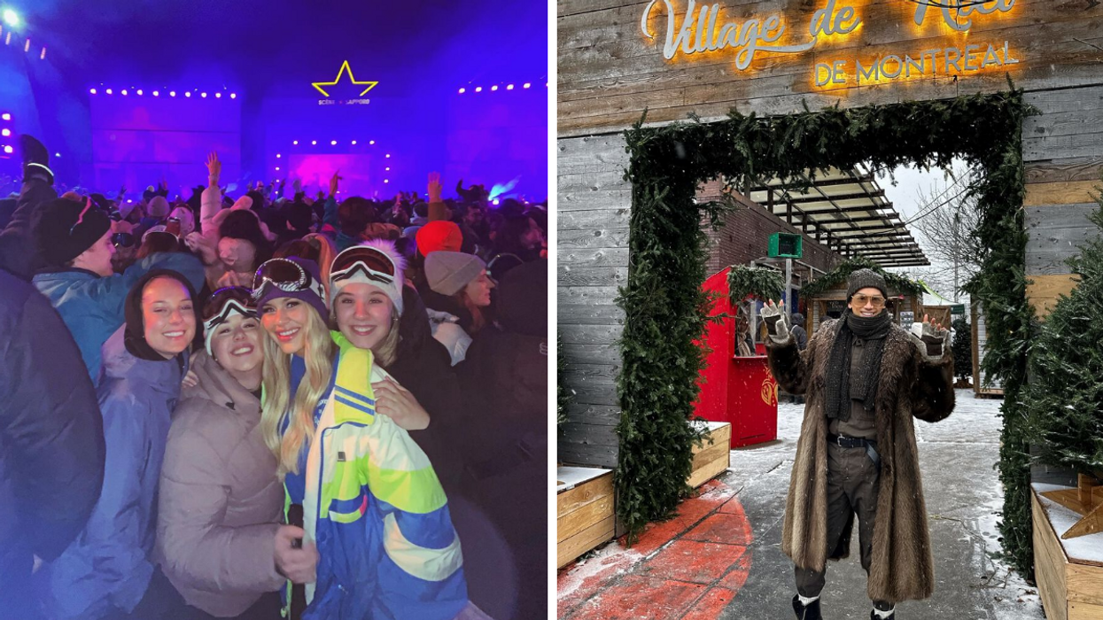 Un groupe en habit de neige à Igloofest Montréal. Droite : Une personne au Village de Noël de Montréal.