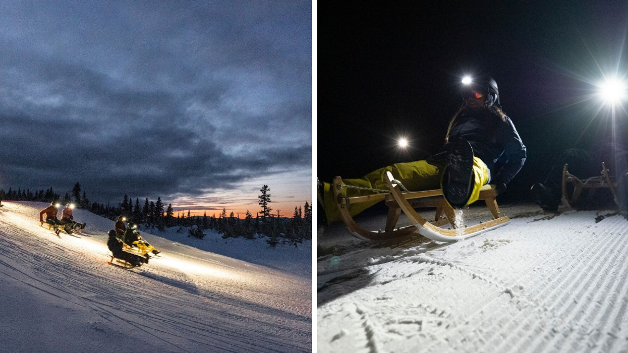 Un groupe glissant en luge sur le Massif de Charlevoix au coucher du soleil. Droite : Un groupe glissant en luge sur le Massif de Charlevoix dans la noirceur.