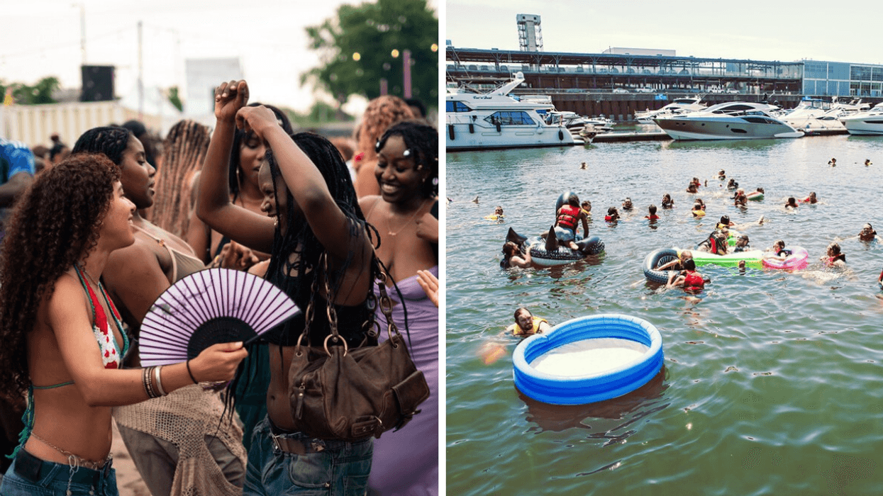 Un groupe qui danse. Droite : Des gens qui se baignent au Vieux-Port de Montréal.
