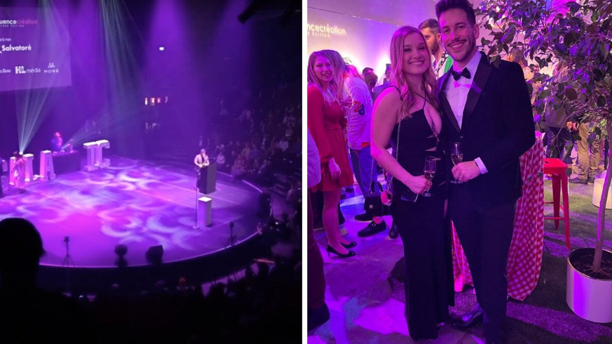 Un homme anime sur la scène du Gala InfluenceCréation 2023 devant un public à la TOHU, à Montréal. Droite: Claudie Mercier et Mathieu Pelletin prennent la pose lors du Gala InfluenceCréation 2023.