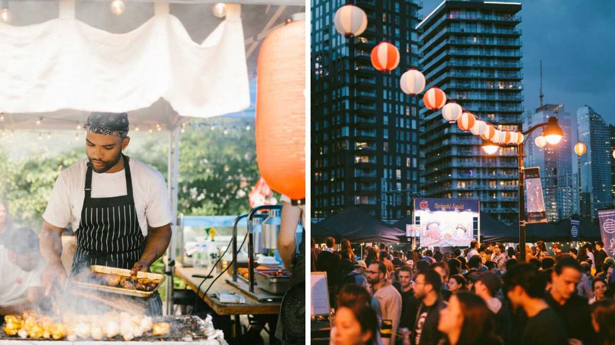 Un homme cuisine au festival Yatai MTL. Droite : l'ambiance du Yatai MTL.
