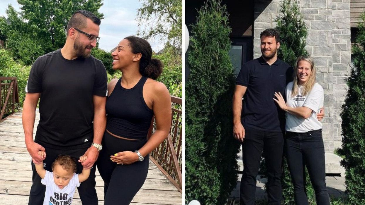 Un homme et une femme posant avec un enfant sur un pont. Droite : Un homme et une femme posant côte à côte.