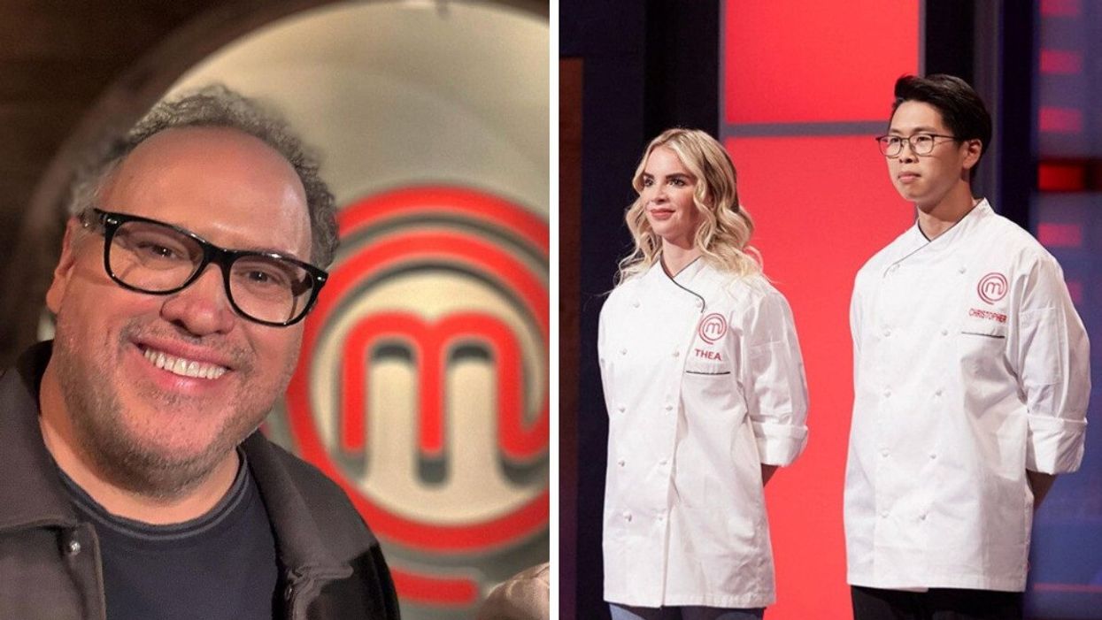 Un homme se tenant devant le logo de MasterChef Québec. Droite : Un homme et une femme se tenant côte à côte.