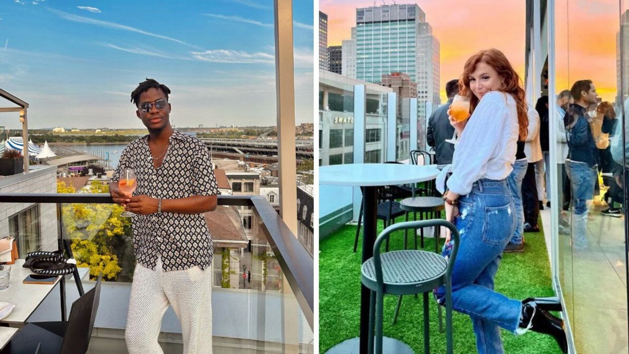 Un homme sur la Terrasse William Gray. Droite : Une femme sur la Terrasse Carla pendant le coucher du soleil.