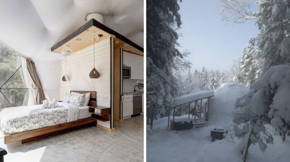 un lit douillet en mois avec une cuisine moderne. \u00c0 doite une bulle couverte de neige avec une terrasse.