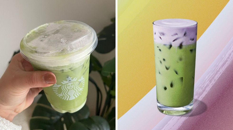 Un matcha latte glac\u00e9 dans une main, avec une mince couche de mousse mauve. Droite : un matcha latte glac\u00e9, avec une g\u00e9n\u00e9reuse couche de mousse mauve.
