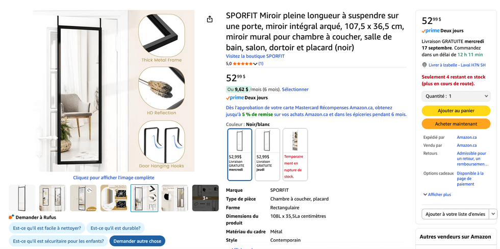Un miroir en vente sur le site d'Amazon Canada.