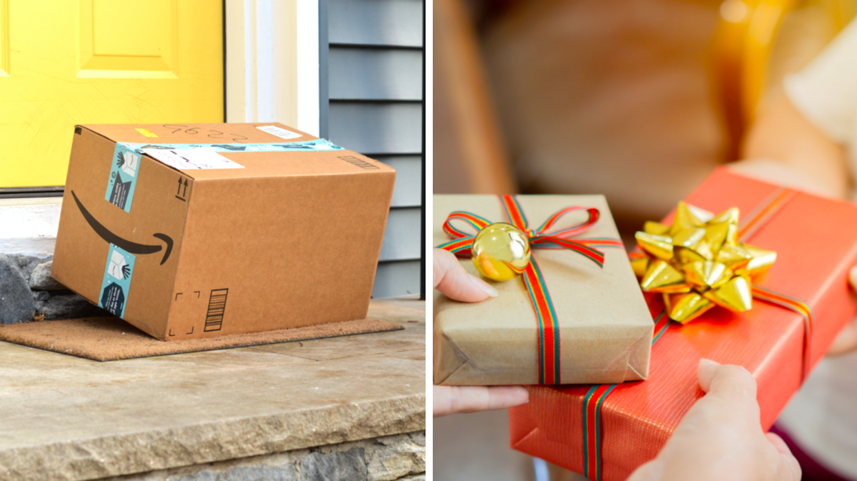Un paquet de livraison Amazon sur un porche. Droite : Un échange de cadeaux entre deux personne.