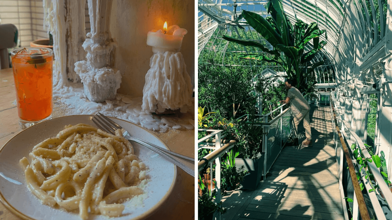Un plat de pâtes. Droite : Une personne aux serres du Conservatoire horticole de Westmount.