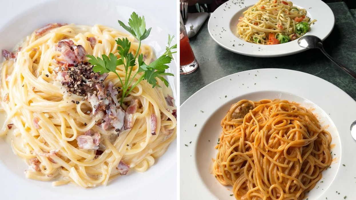 Un plat de pâtes du Pasta Express à Montréal. Droite : Deux assiettes du Pasta Express à Montréal.