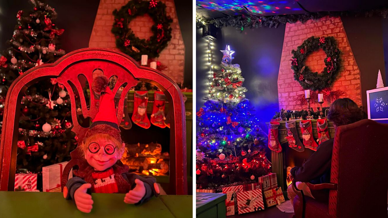 Un poupée d'un lutin dans la salle « La magie de Noël » d’Amédaka Évasion. Droite : La salle « La magie de Noël » d’Amédaka Évasion