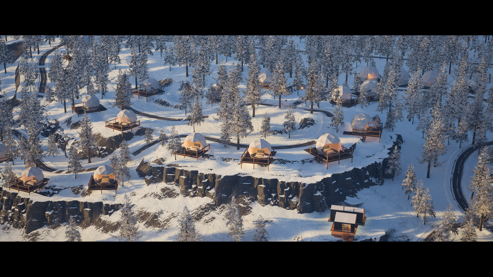 Un rendu 3D des chalets locatifs du Domaine Pine Hill sous la neige.