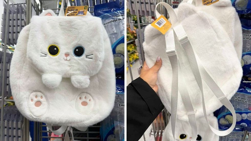 Un sac \u00e0 dos en peluche en forme de chat vendu chez Dollarama. Droite : un sac \u00e0 dos en peluche en forme de chat vu de dos vendu chez Dollarama.