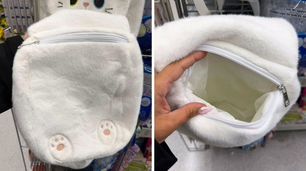 Un sac \u00e0 dos en peluche en forme de chat vu de dos vendu chez Dollarama. Droite : vue de la pochette ouverte d'un sac \u00e0 dos en peluche en forme de chat vu de dos vendu chez Dollarama.