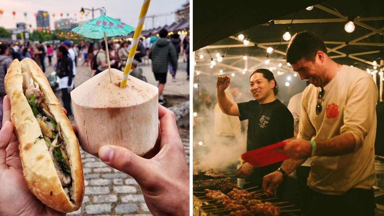 Un sandwiche et une noix de coco à Cho Dem MTL. Droite : Des gens préparant des brochettes à Cho Dem MTL.