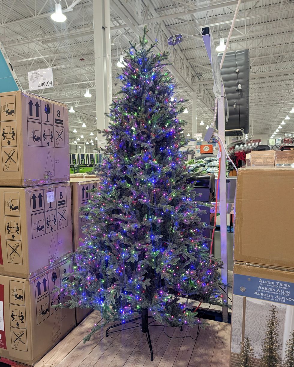 Un sapin de No\u00ebl \u00e0 lumi\u00e8res multicolores vendu dans le rayon des articles saisonniers chez Costco.