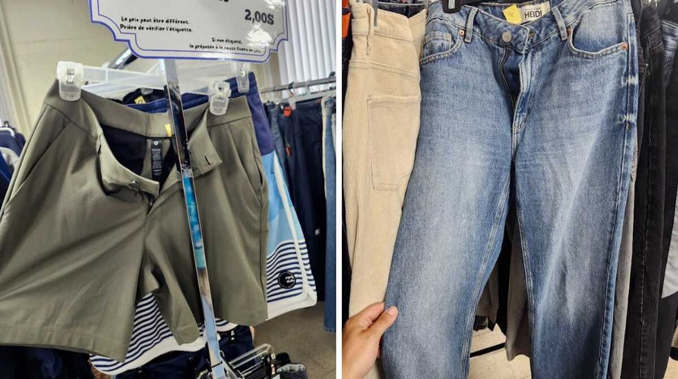 Un short vert kaki de la marque Lululemon, et \u00e0 droite, une paire de jeans Heidi.