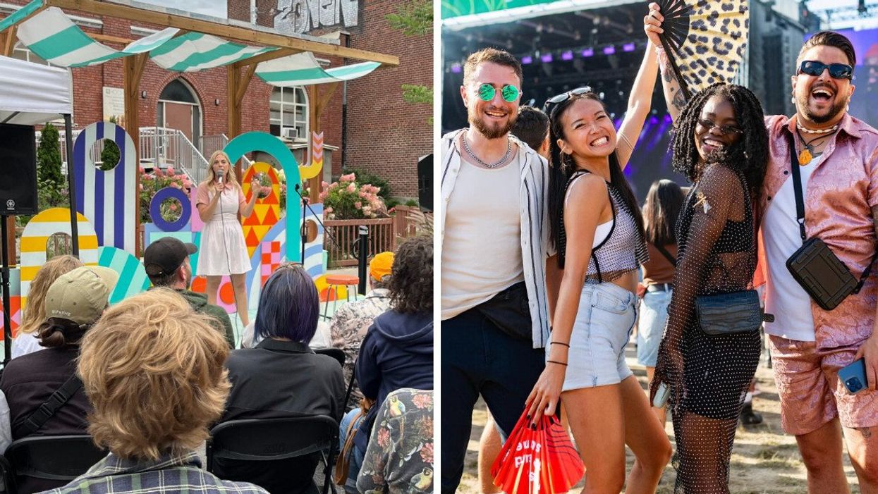 Un spectacle à Hochelaga. Droite : Des festivaliers et festivalières.