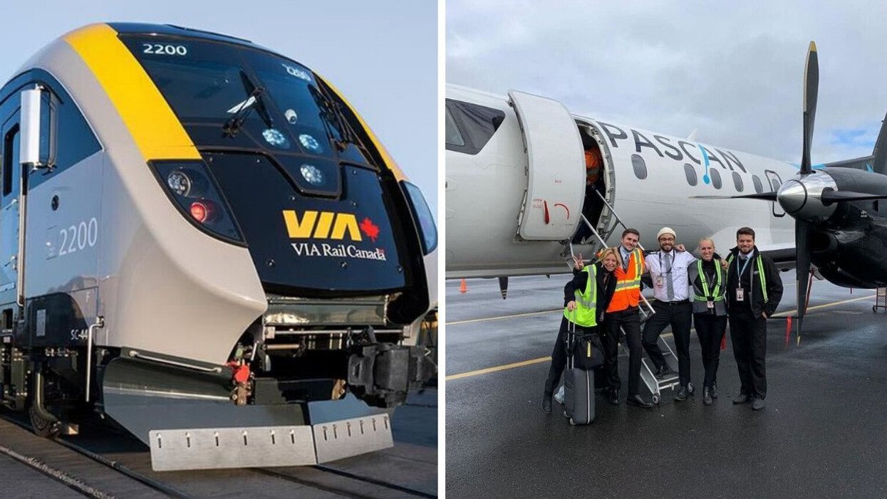 Un train de VIA Rail Canada. Droite : des personnes et membres de l'équipage prennent la pose devant un avion de la compagnie Pascan.