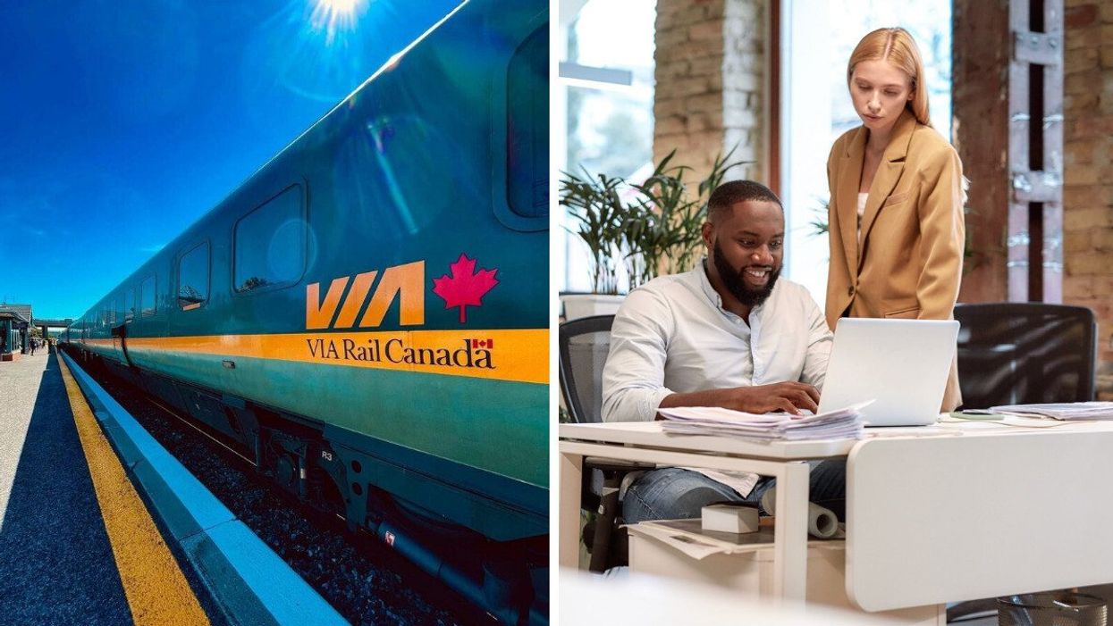 Un train de VIA Rail Canada en marche. Droite : deux personnes travaillent en collaboration dans un bureau.