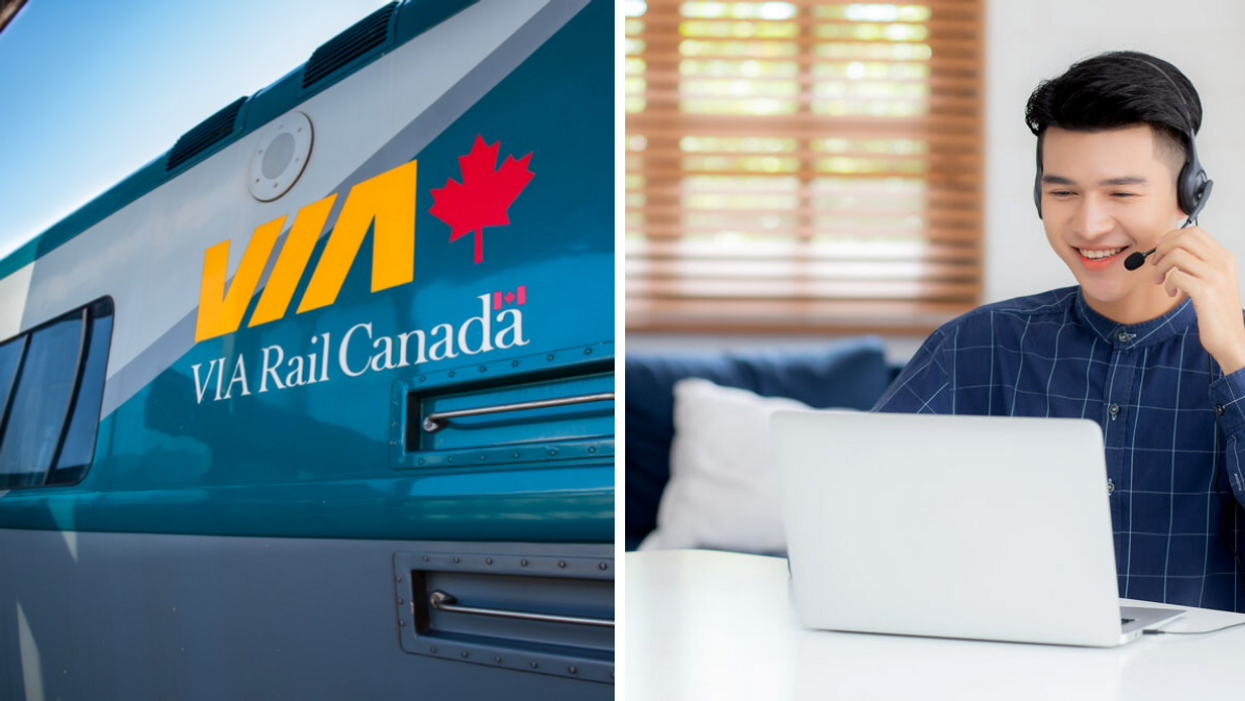 Un train de VIA Rail. Droite : un employé en télétravail.