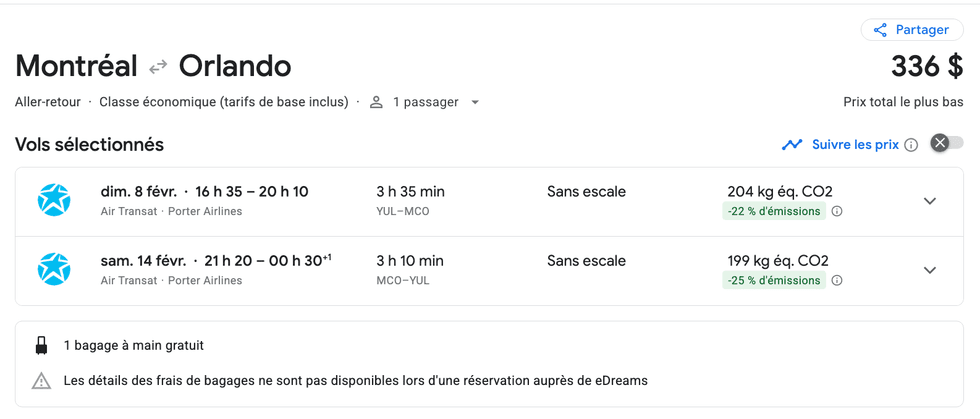Un vol Montr\u00e9al (YUL) - Orlando (MCO) avec Air Transat pour moins de 340 $.