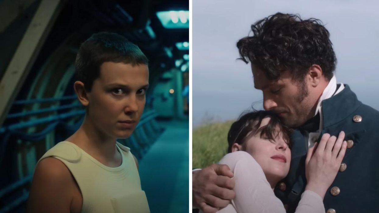 Une actrice de Stranger Things saison 4, volume 2. Droite : Un couple s'embrassant dans Persuasion.