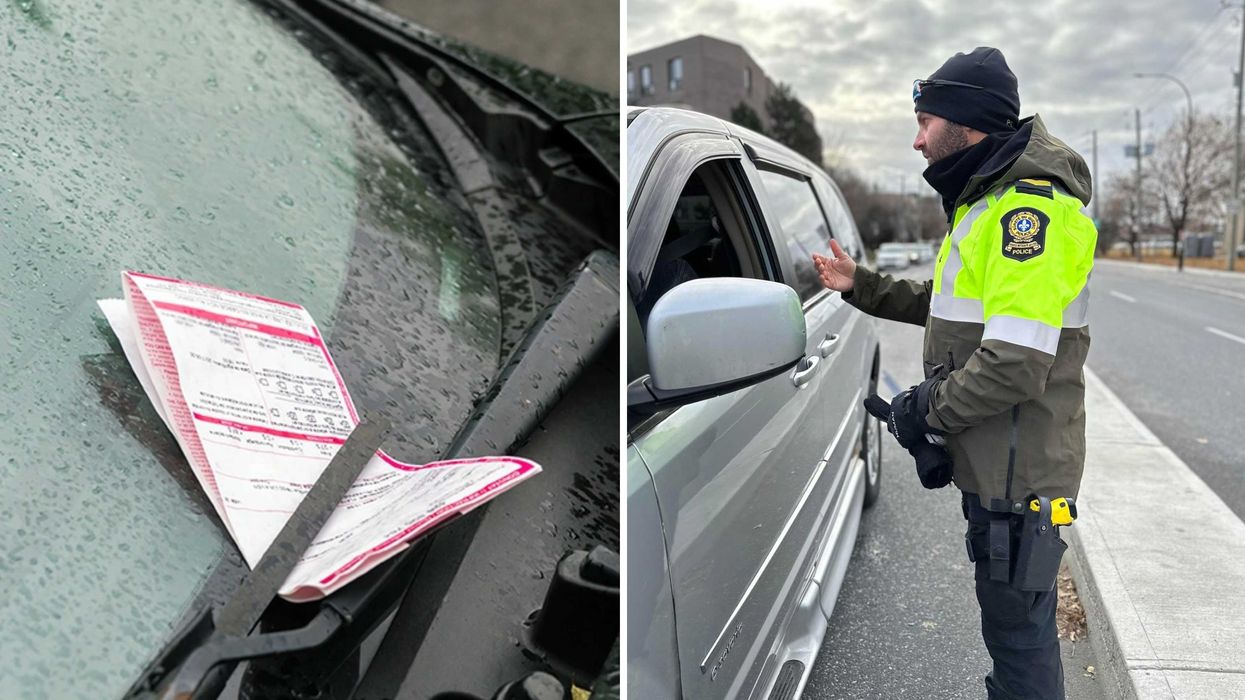Une amende dans un pare-brise. Droite : un policier.