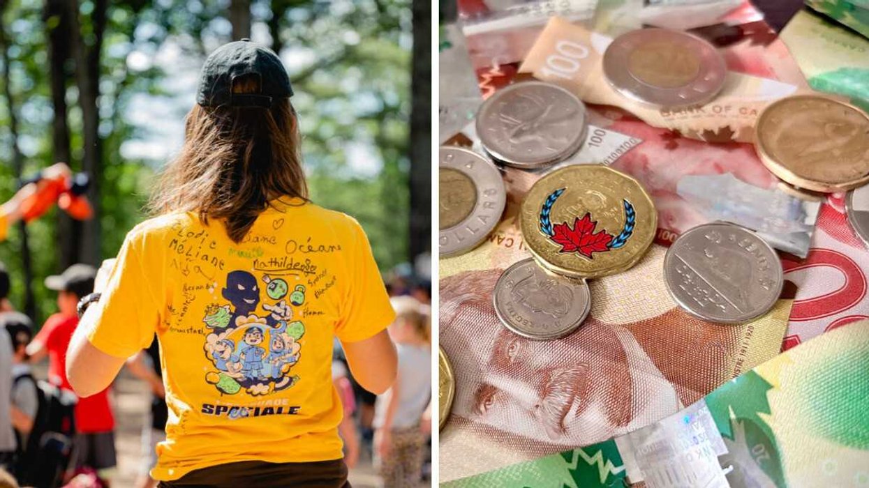 Une animatrice de camp de jour au Québec. Droite : De l'argent canadien.