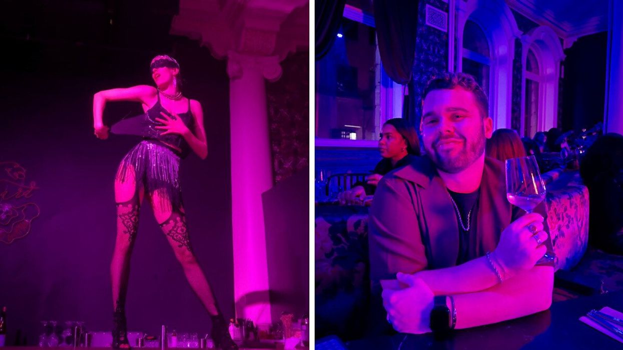 Une artiste burlesque danse sur un bar. Droite : Brendan Mikan au Bernard Cabaret Gourmand.