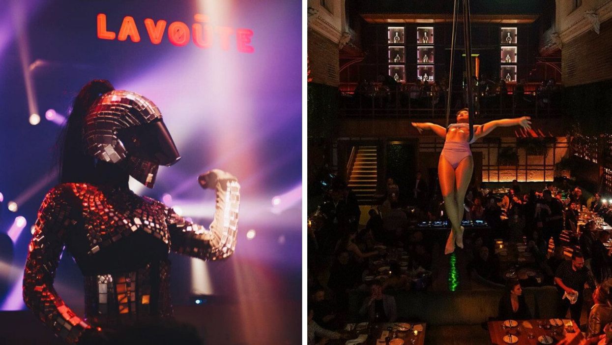 Une artiste dans un habit de course à miroirs. Droite : Une artiste suspendue au plafond du Yoko Luna.