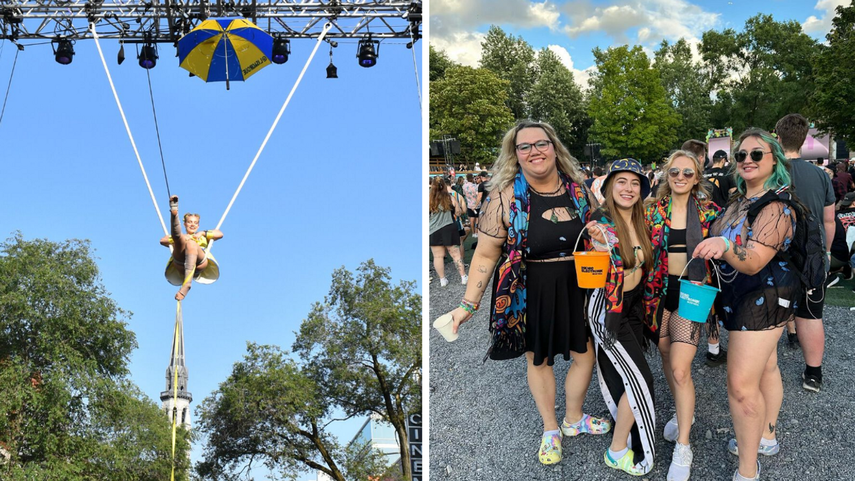 Une artiste de cirque suspendue dans les airs. Droite : Un groupe au Piknic Électronik.