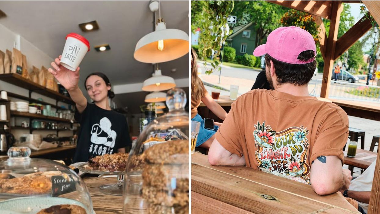 Une barista. À droite : un homme en t-shirt.