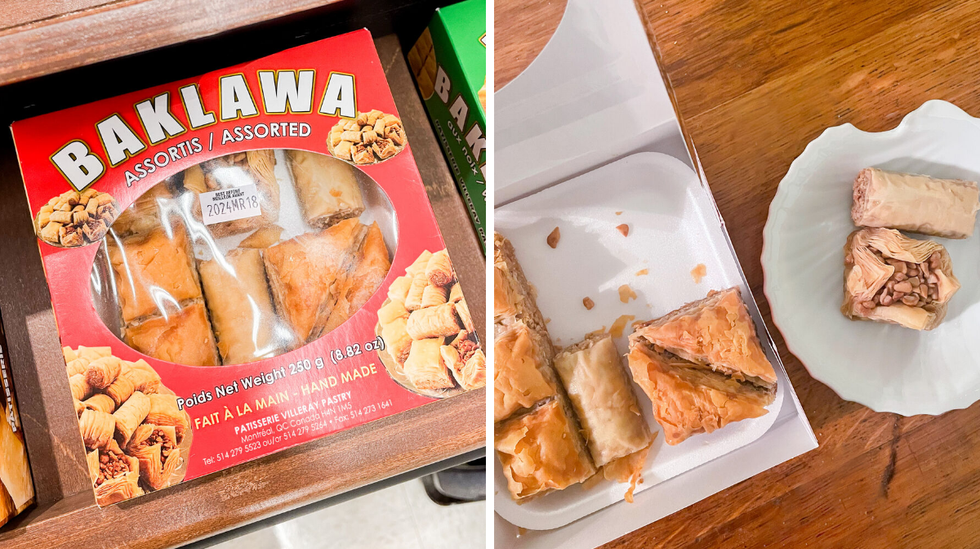 Une bo\u00eete de baklawa assortis. Droite : Une bo\u00eete de baklawa ouverte et une assiette contenant deux portions de baklawa.
