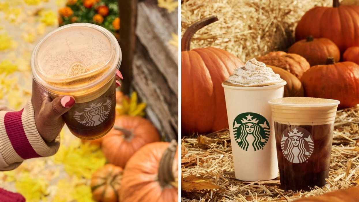 Une boisson Starbucks glacée. Droite : Les cafés d'automne.