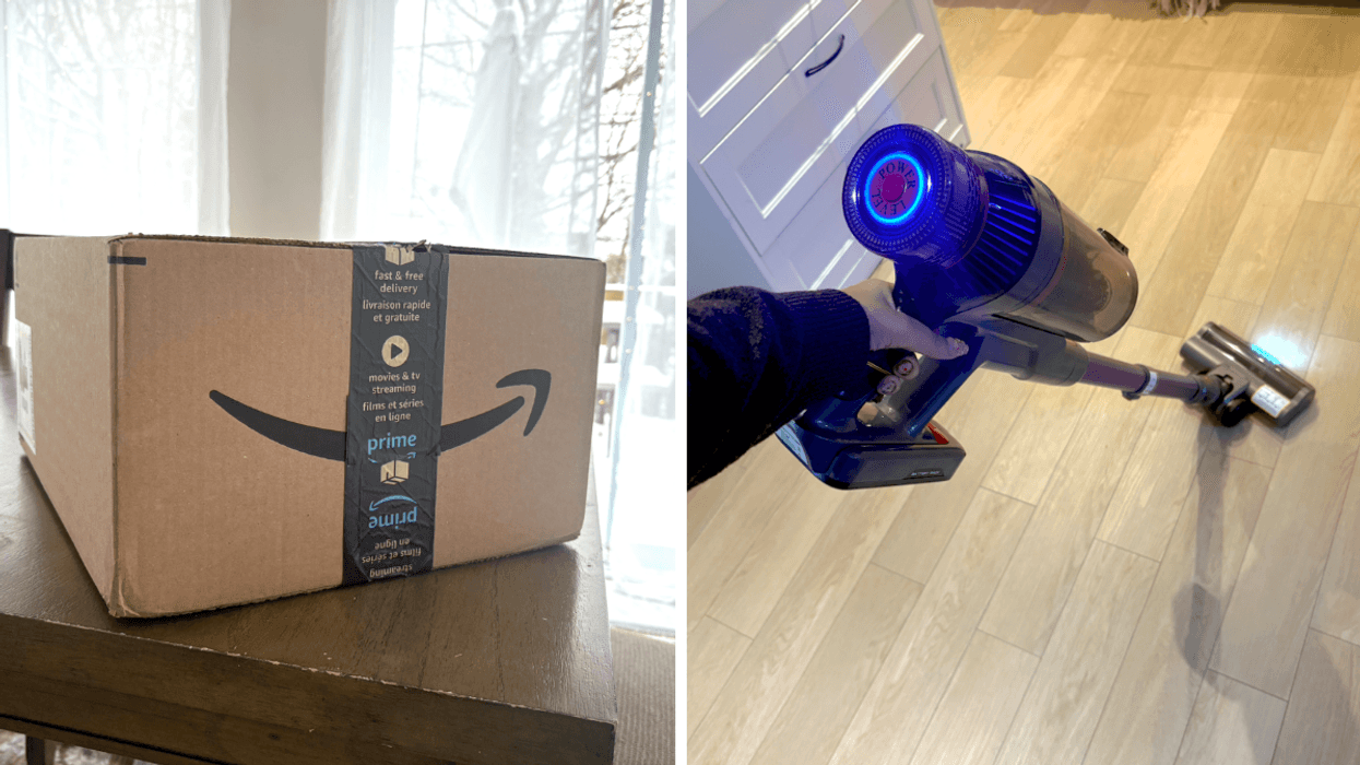 Une boîte de livraison Amazon. Droite : une main tenant un aspirateur.