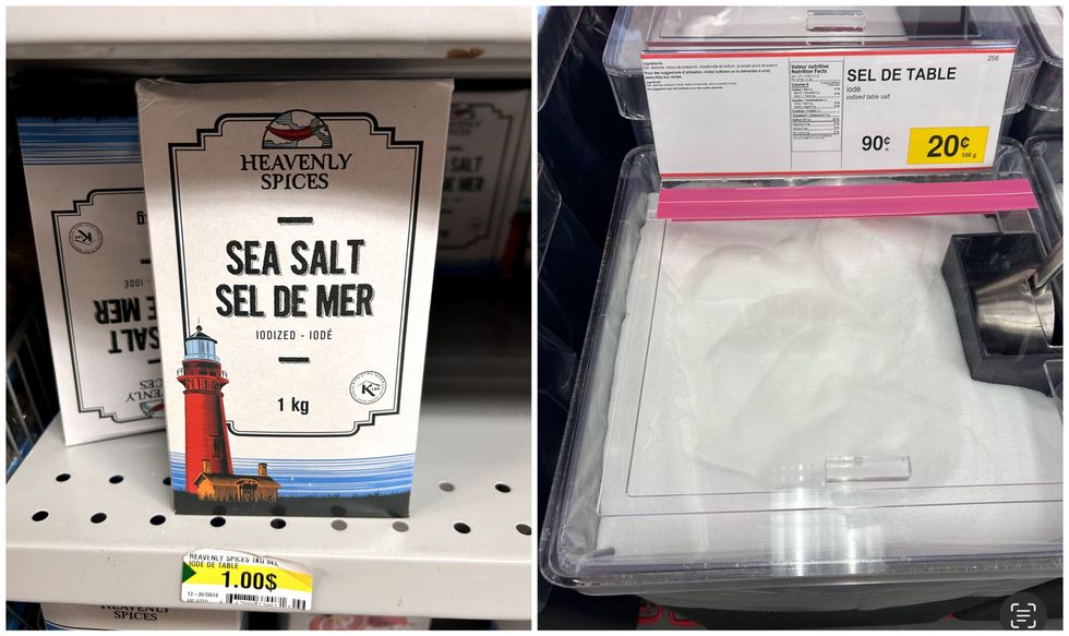 Une boite de sel de mer pos\u00e9e sur une tablette du Dollarama. Droite : Du sel de table dans un contenant au Bulk Barn.