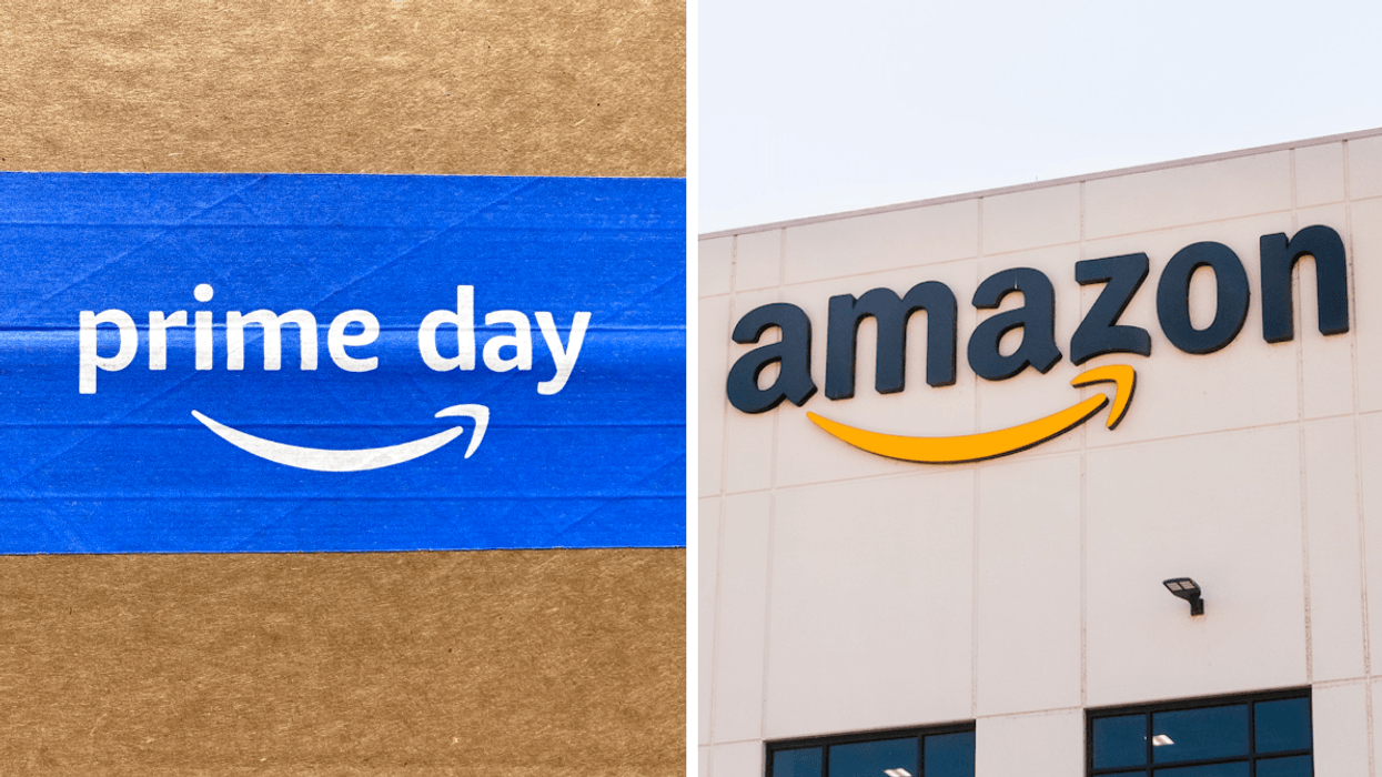 Une boîte du Prime Day de Amazon. Droite : La façade d'un Amazon.