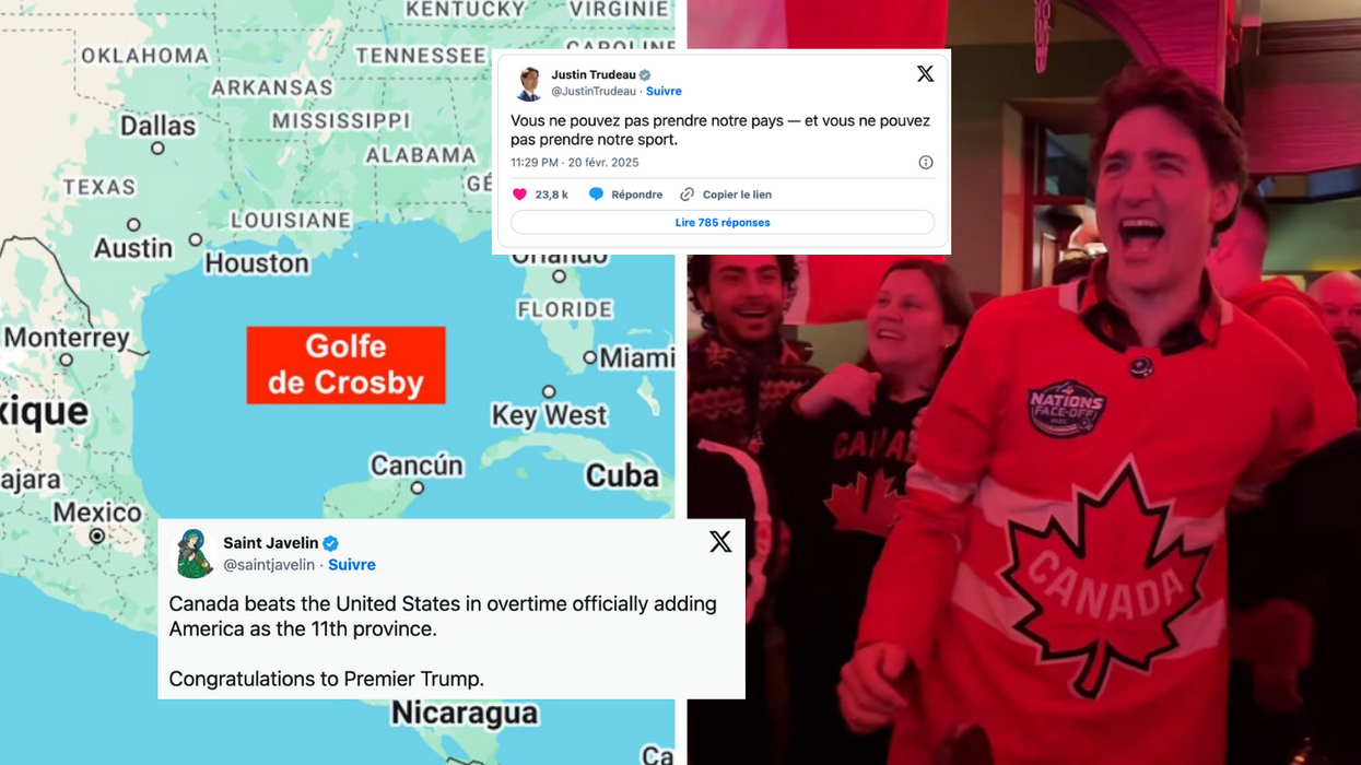 Une carte où le Golfe du Mexique est renommé « Golfe de Crosby. » Droite : Justin Trudeau porte un chandail d'Équipe Canada.