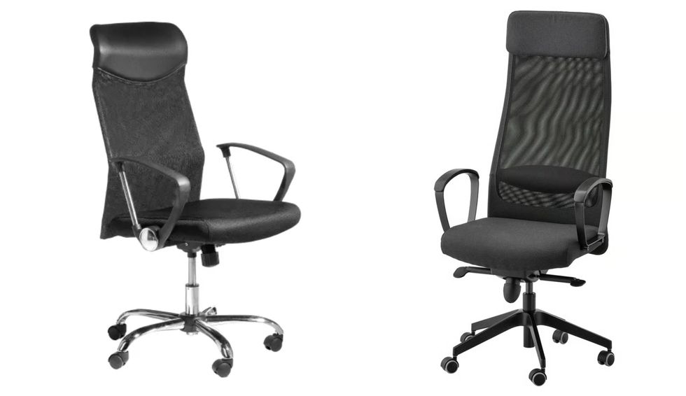 Une chaise de bureau noire du Jysk. Droite : Une chaise de bureau noire du IKEA.