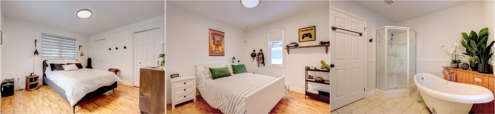 Une chambre. Centre : Une chambre. Droite : La salle de bain du 617, rue Shefford app. 52, Bromont, QC.