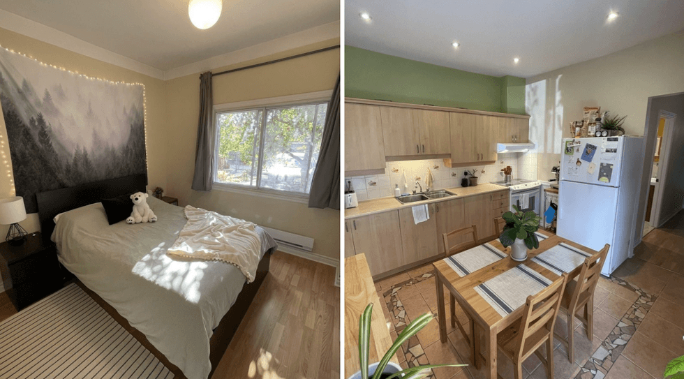 Une chambre \u00e0 coucher. Droite : une cuisine.