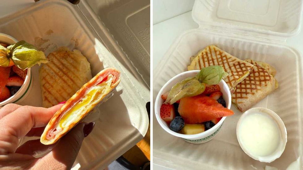 Une cr\u00eape d\u00e9jeuner. Droite : Une bo\u00eete avec une cr\u00eape d\u00e9jeuner et des fruits.